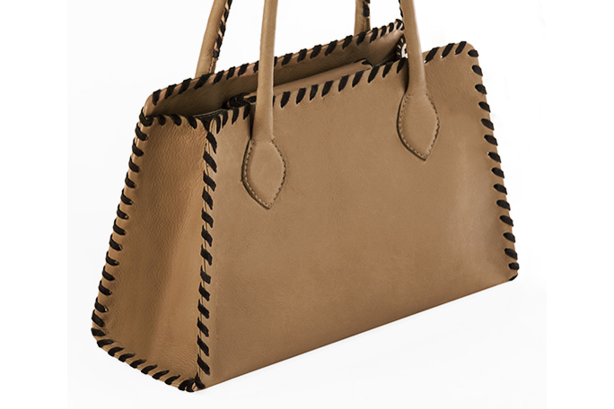 Dress handbag in camel beige and dark brown leather - Front view